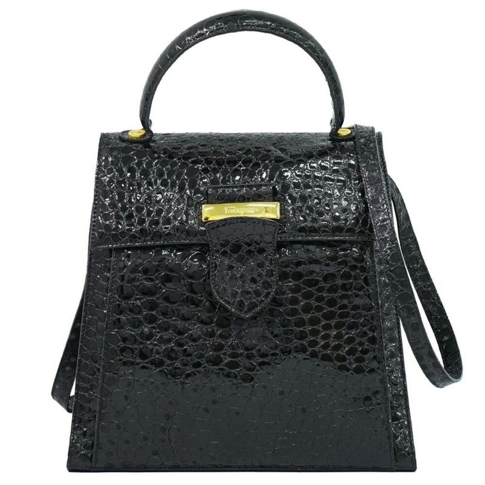 Salvatore Ferragamo Vintage Top Handle Leather Black Patent_Leather Handbag